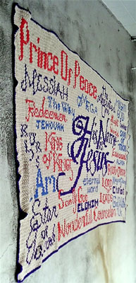 Afghan of His Name is Jesus stitched by Donna Henderson